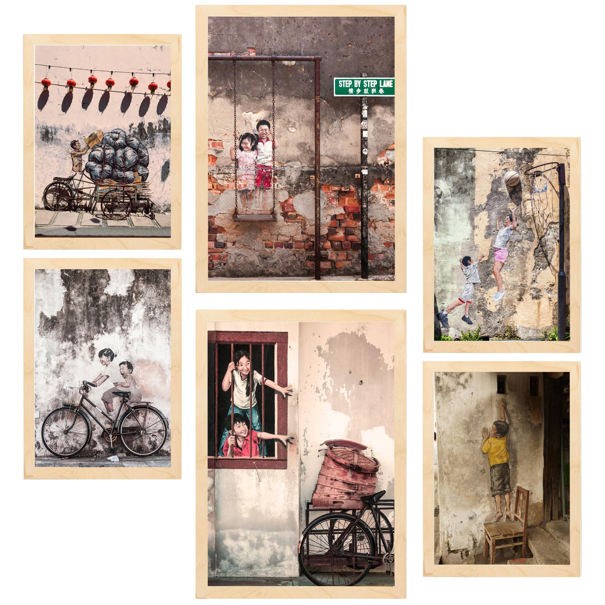 POSTER Set Mit 6 Graffiti Straßenkunst Bunte Schablone Vietnam A3 & A4 Rahmen Aus Hellem Holz - Beige, Papier (29/3cm) - Nacnic