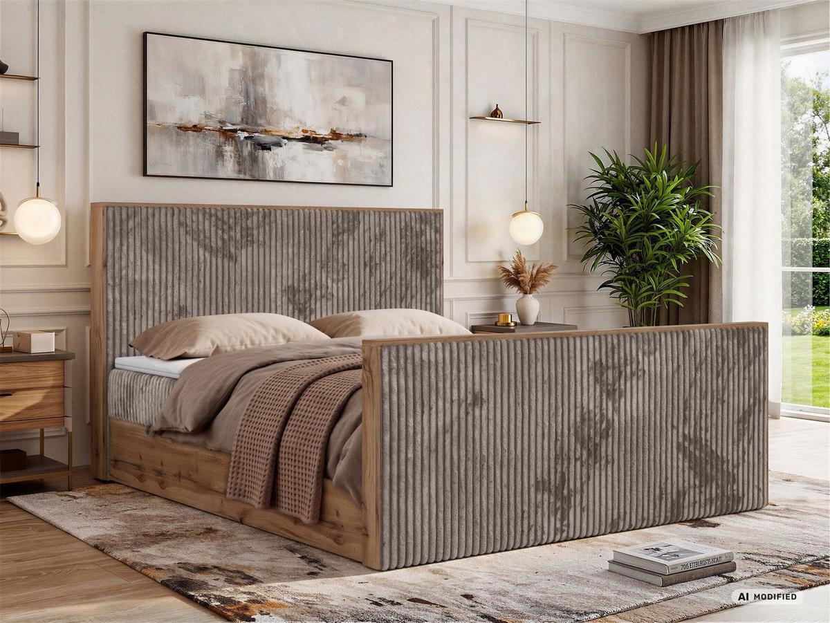 BOXBETT WOOD DUO 200/200 - Hellbraun Cord - Topper Visco - H3 - Hellbraun/Schwarz, Kunststoff/Textil (200/200cm) - MKS