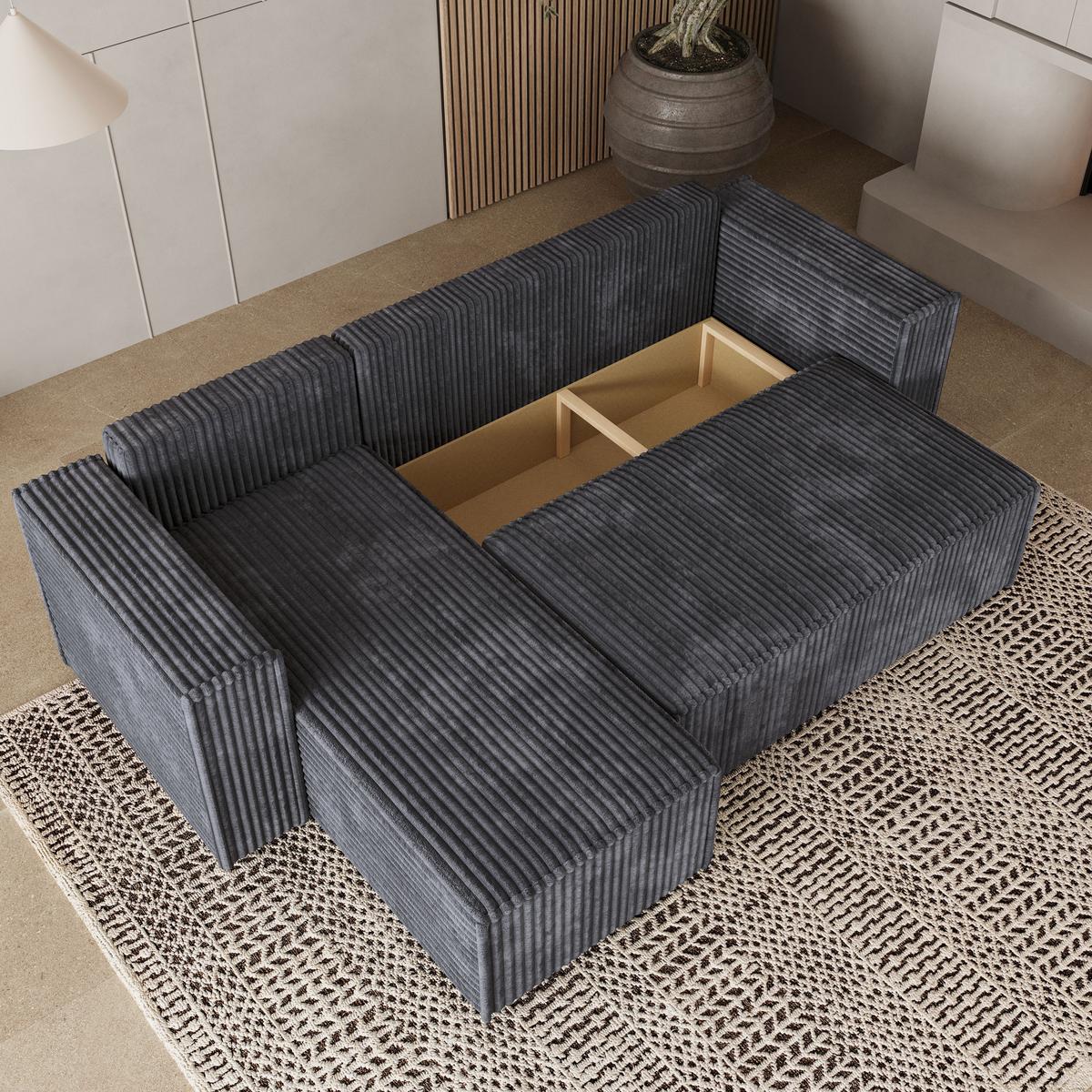 ECKSOFA RAVELO T Graphitfarben Kordstoff mit Schlaffunktion - Graphitfarben/Grau, Holz/Kunststoff (240/140cm) - MASSENO
