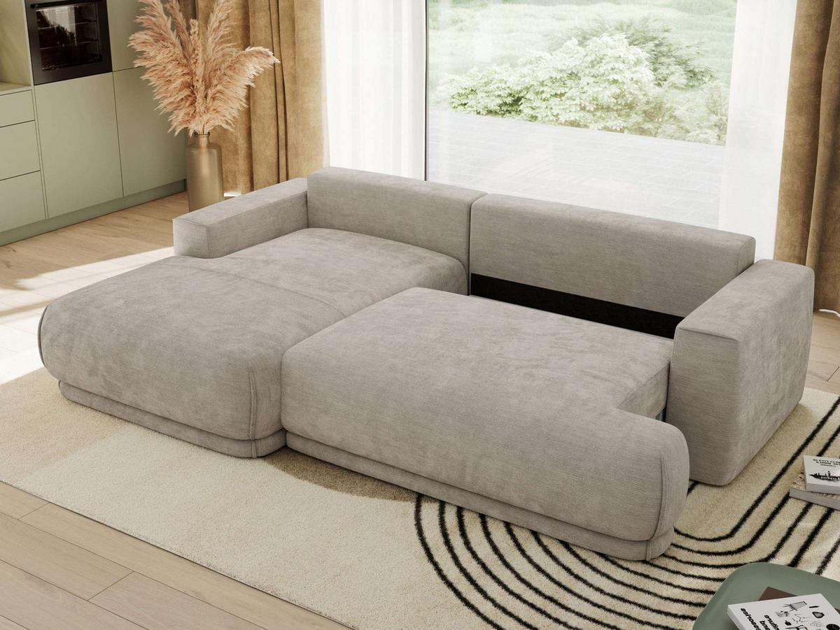 ECKSCHLAFSOFA RINA L Hellgrau Schenille glatt - links - Hellgrau/Schwarz, Kunststoff/Textil (267/170cm) - MKS