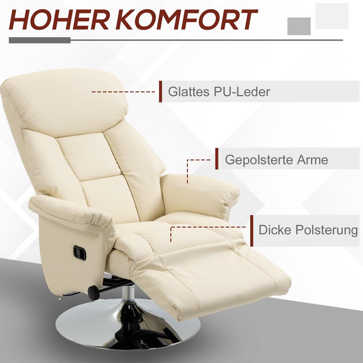 RELAXSESSEL Kunstleder Stahl Cremeweiß - Chromfarben/Creme, Kunststoff/Metall (78/109/80cm) - HOMCOM