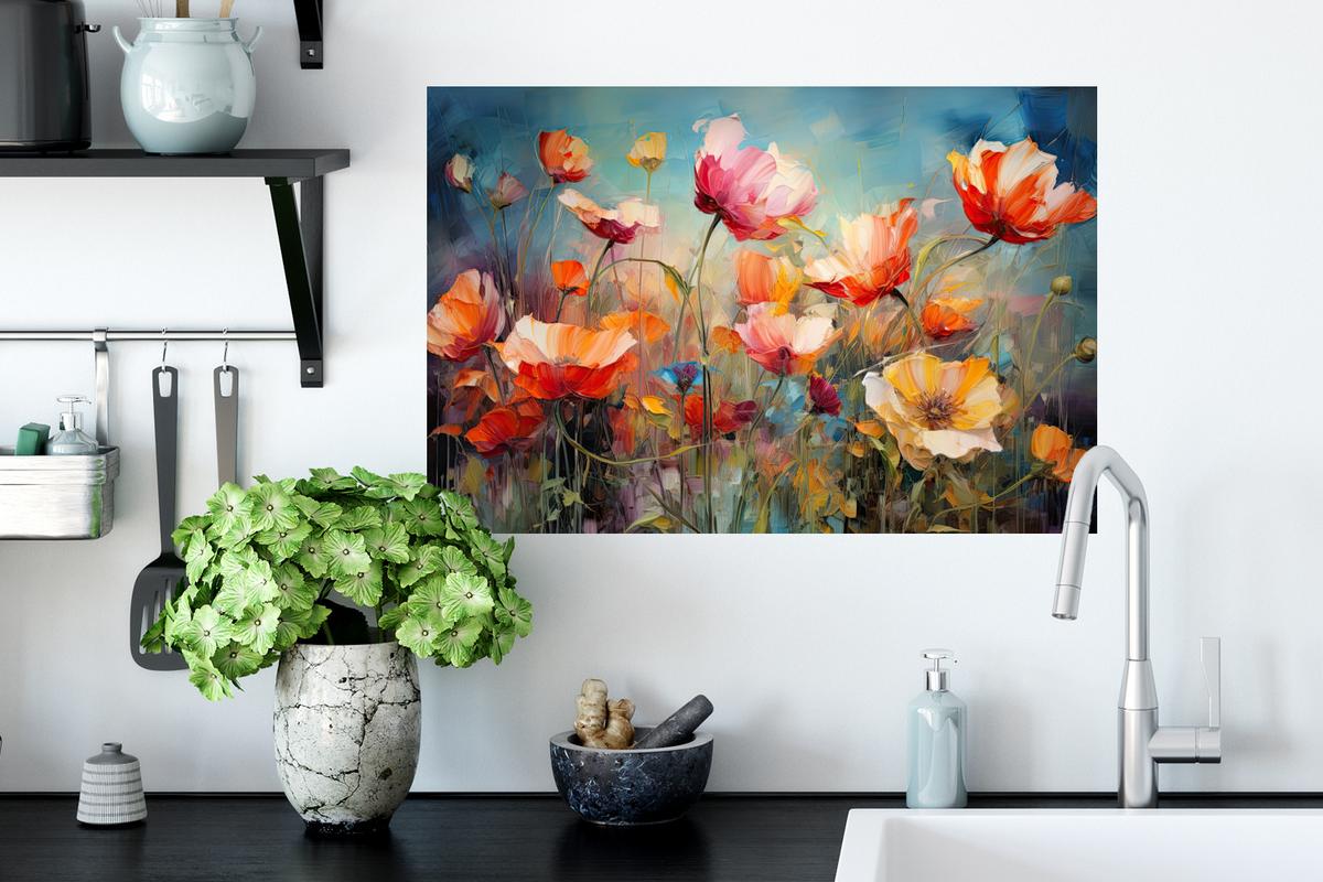 WANDTATTOO Blumen - Aquarell - Kunst - Botanisch - Natur Deko Wohnzimmer 60x40 cm - Orange, Kunststoff (60/40/0.1cm) - MuchoWow