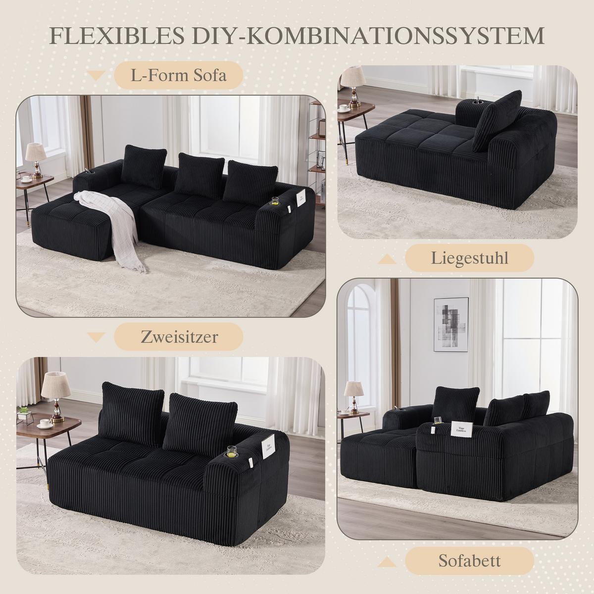 ECKSOFA 3-Sitzer mit Getränkehalter, Seitentaschen & 3 Kissen - Schwarz, Textil (253/158cm) - Urban Meuble