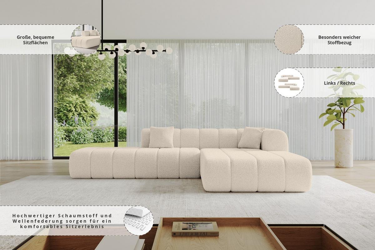 ECKSOFA Ottomane Rechts BILA-L 289x176x71 Dunkelbeige Bouclé - Schwarz/Cappuccino, Holzwerkstoff/Kunststoff (289/176cm) - ALTDECOR