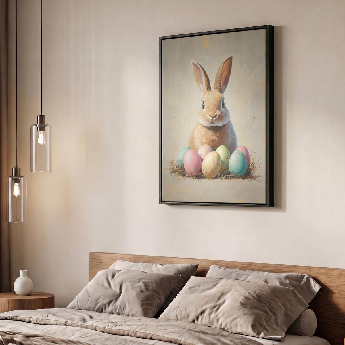 LEINWAND Bilder mit Rahmen - Osterhase - Pastell - Eier - 50x70 - Beige, Textil (50/70cm) - MuchoWow