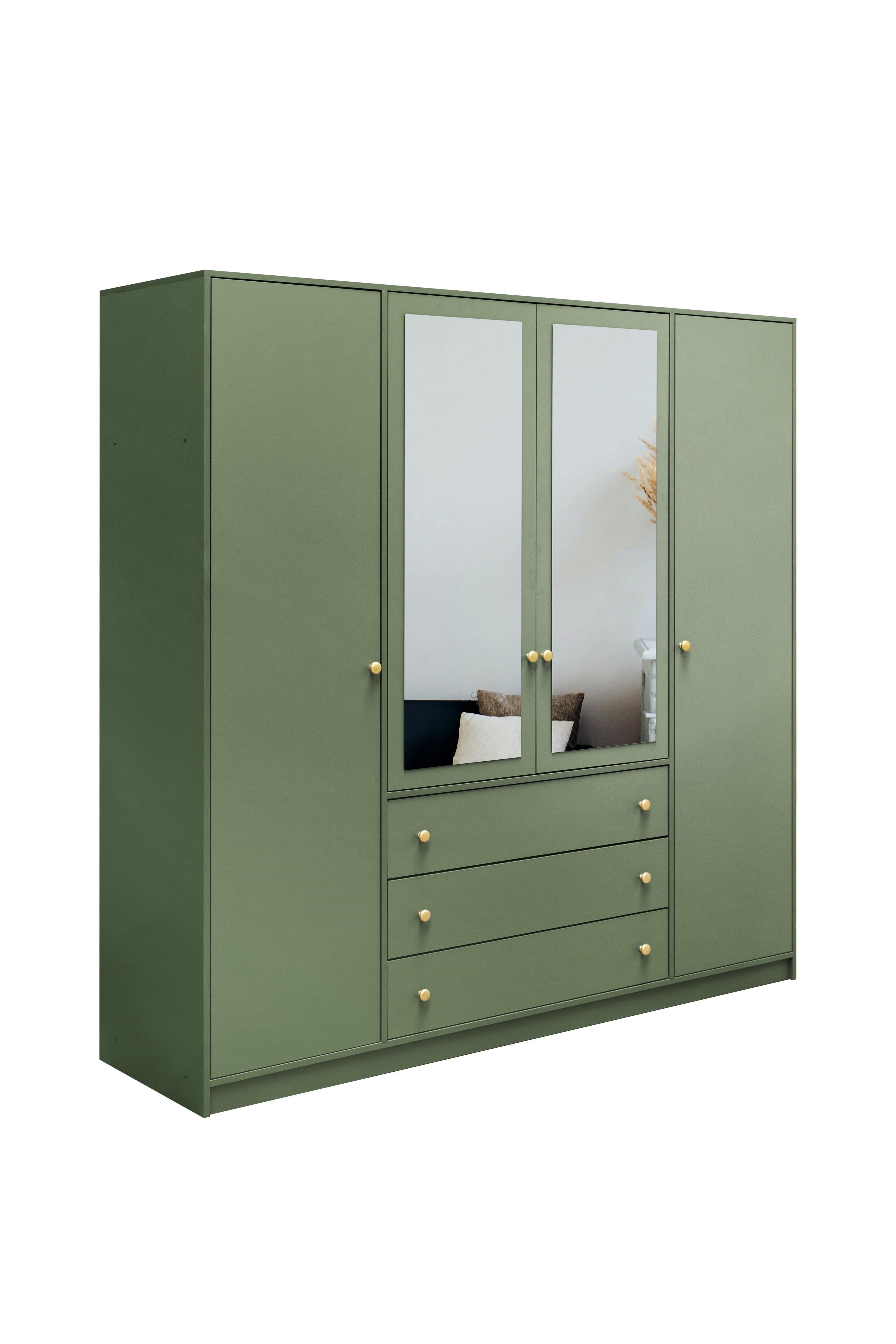 DREHTÜRENSCHRANK GALIO 196/200/57,5 cm 4-türig mit Spiegel Grün - Grün, Holzwerkstoff (196/200/57.5cm) - MASSENO