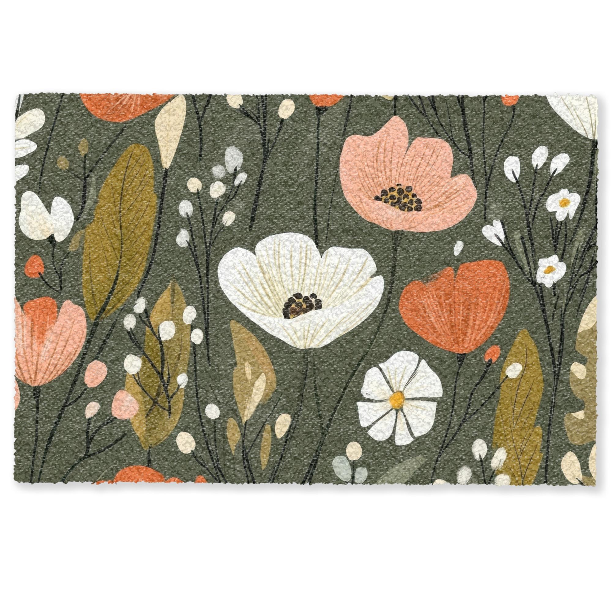 FUSSMATTE Blumen - Illustration - Grün Flurteppich 90x60 cm - Dunkelgrün, Kunststoff (90/0.4cm) - MuchoWow