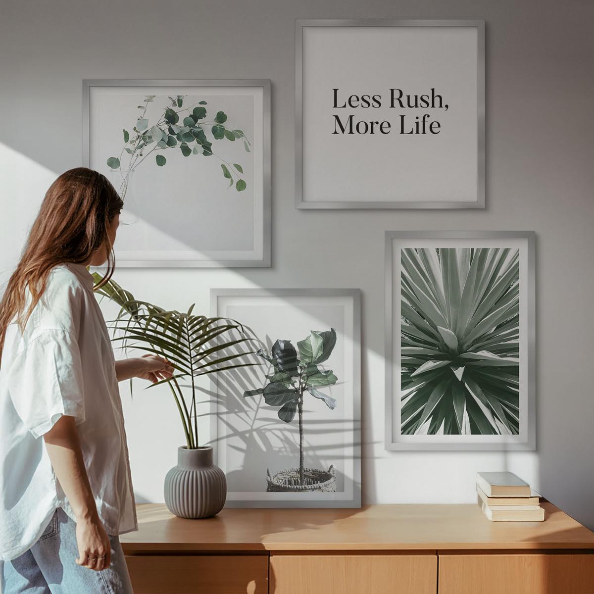 BILDER SET 4er Set - 50x50 cm & 40x60 cm Silberner Rahmen - Minimalismus mit grünen Pflanzen - Silberfarben, Kunststoff (50/50cm) - TULUP