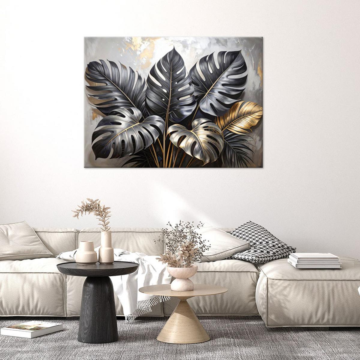 BILDER, Schwarze Blätter von Monstera auf beigem Hintergrund - Schwarz, Textil (45/30cm) - Feeby