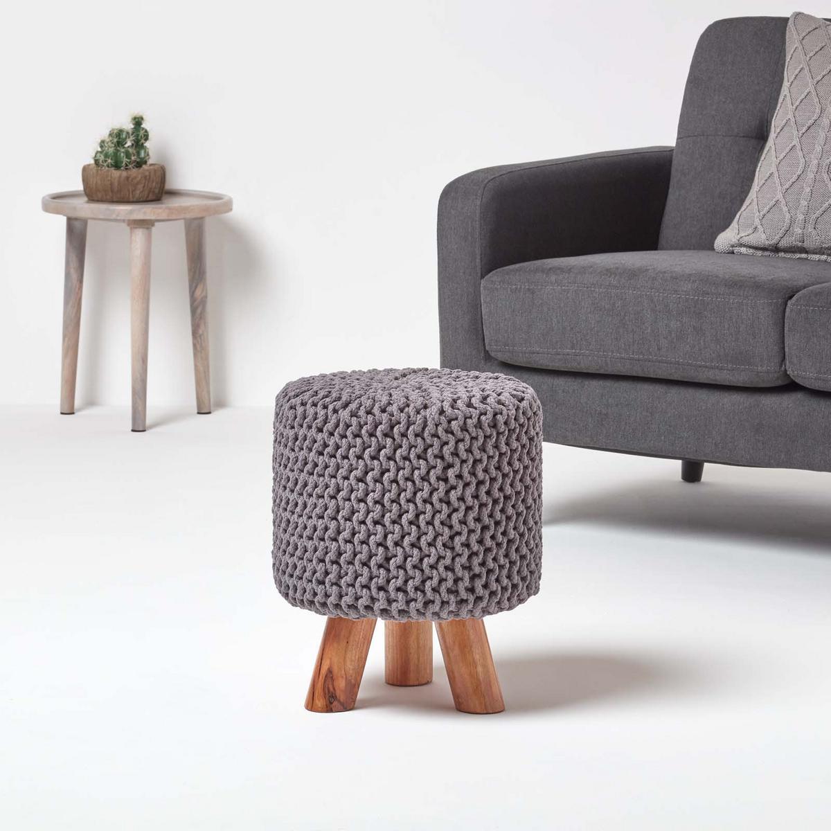 STRICK-HOCKER grau, Dreibein 32/32/42 cm - Grau, Textil (32/42/32cm) - Homescapes
