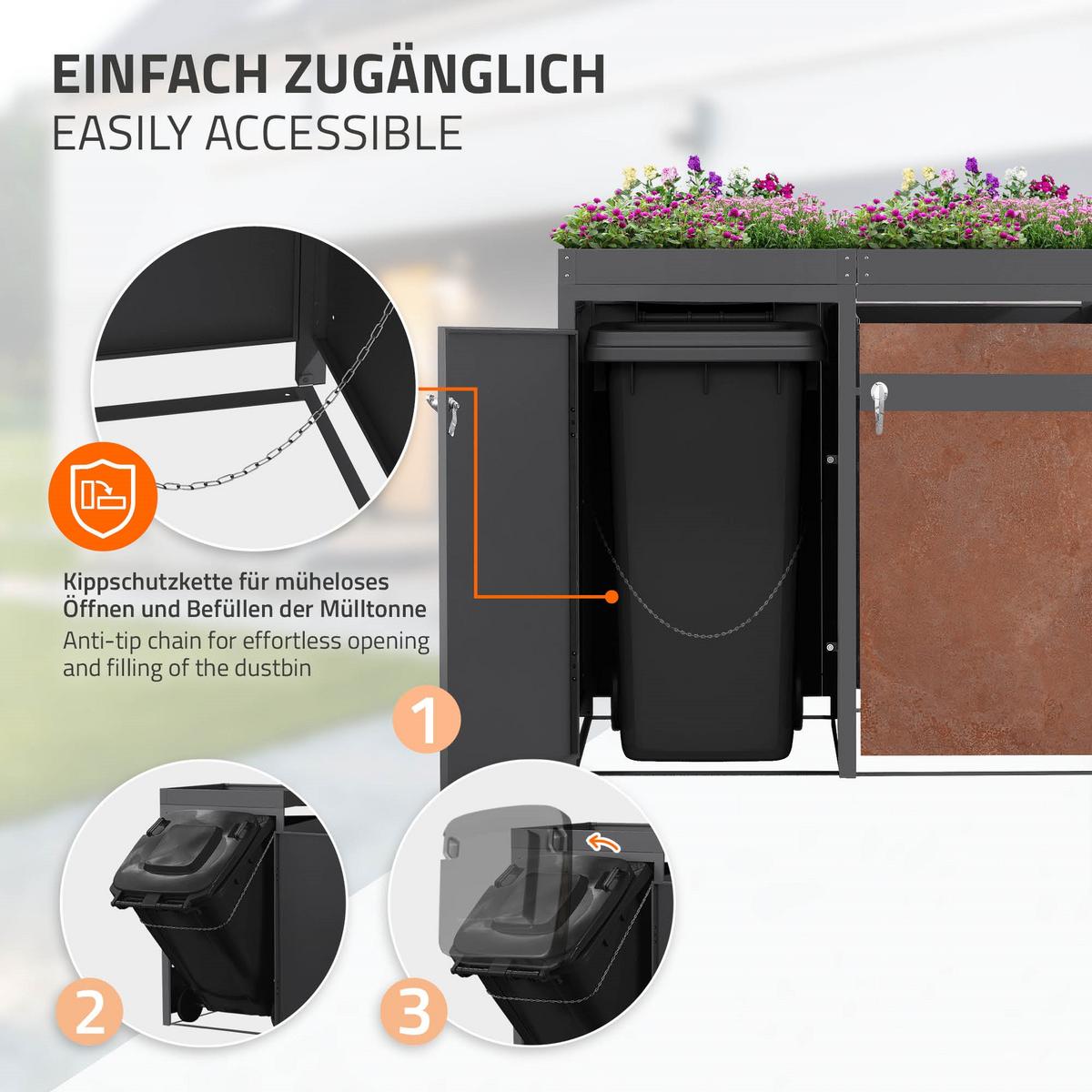 MÜLLTONNENBOX 2er mit Pflanzdach Anthrazit-Rostoptik - Rotbraun, Metall (132/124/80cm) - ML-DESIGN