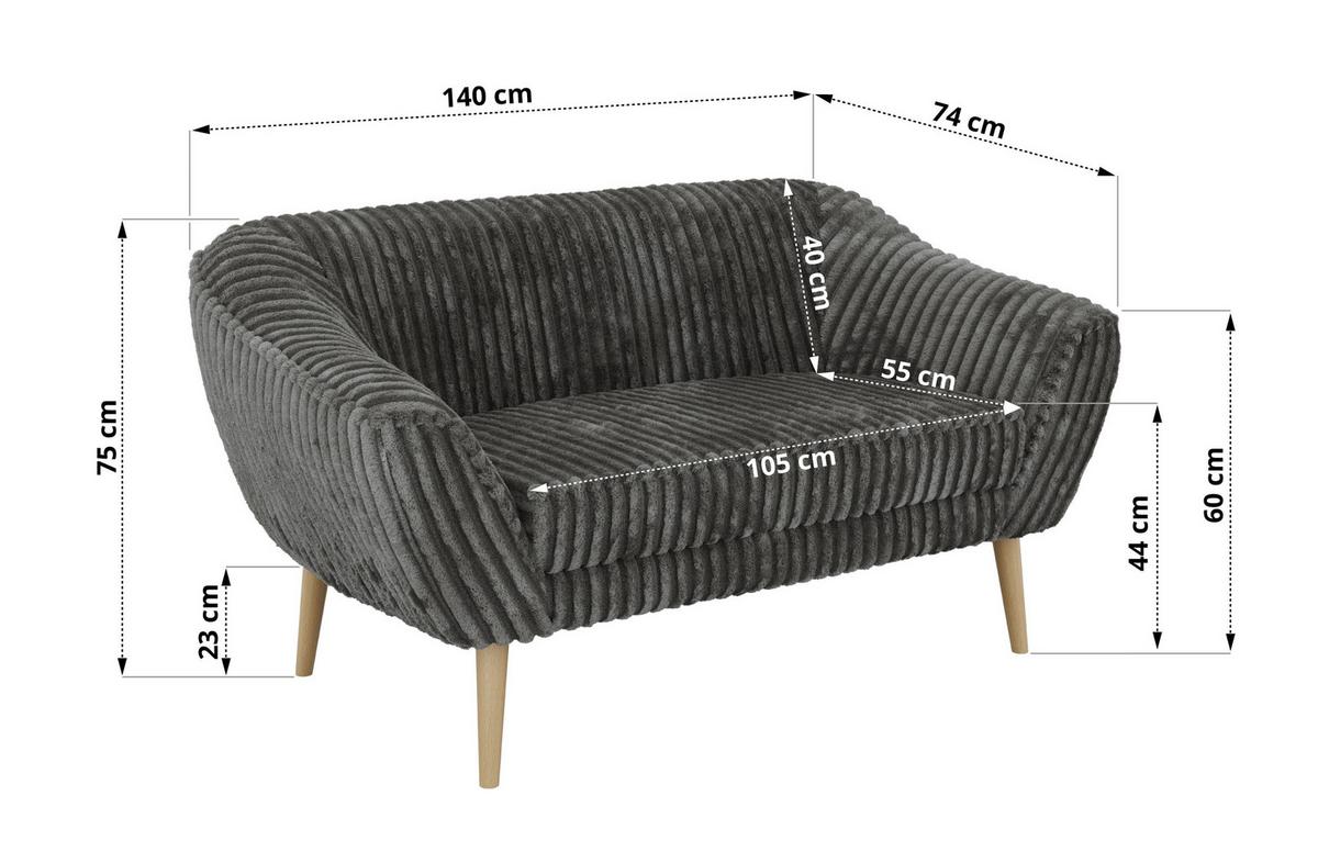 2-SITZER-SOFA PIRS - Grau Cord - Holzbeine - Buchefarben/Grau, Holzwerkstoff/Textil (140/75/74cm) - MKS