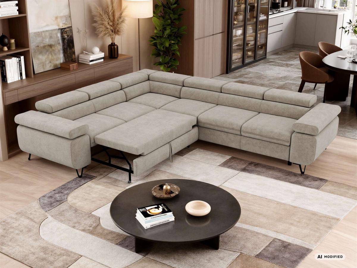 ECKSOFA NORDEN L - Greige Stukture - Rechts Seite - Greige/Schwarz, Textil/Metall (329/269cm) - MKS