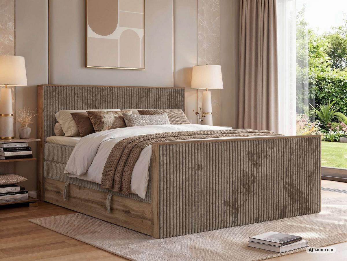 BOXSPRINGBETT WOOD KING DUO 160/200 - Braun Cord - Topper Visco - H4 - Schwarz/Braun, Kunststoff/Textil (160/200cm) - MKS