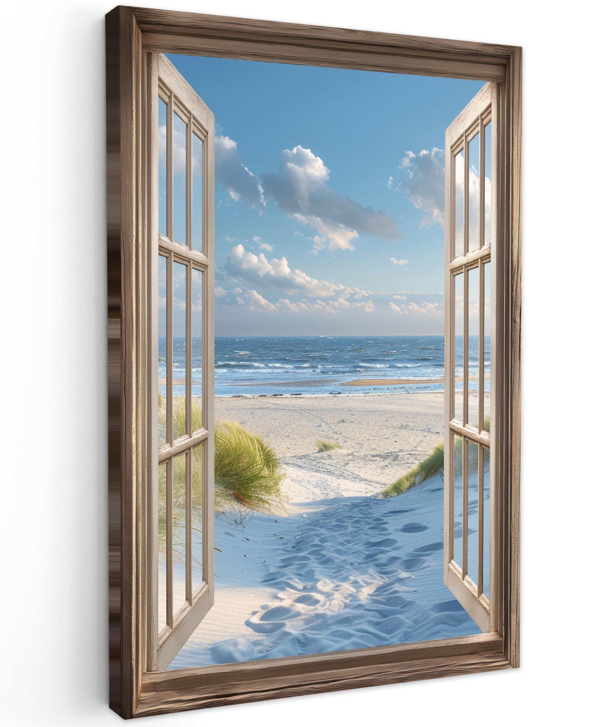 LEINWANDBILD Aussicht - Strand - Fenster - Dünen - Meer Deko Groß 90x140 cm - Hellblau, Textil (90/140cm) - MuchoWow