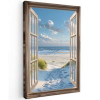 LEINWANDBILD Aussicht - Strand - Fenster - Dünen - Meer Deko Groß 90x140 cm - Hellblau, Textil (90/140cm) - MuchoWow