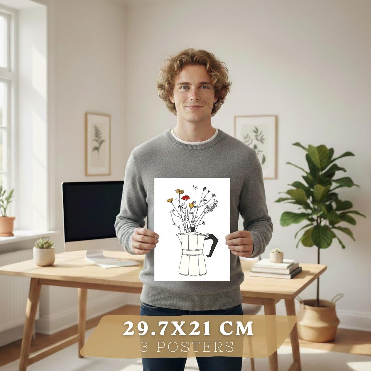 POSTER 3er Set Blumen in Kaffeekanne Wandbilder Mokkakanne Teekanne Tasse Strichzeichnung Küche Deko Weißer Rahmen A4 - Weiß, Papier (29.7/1/21cm) - Nacnic