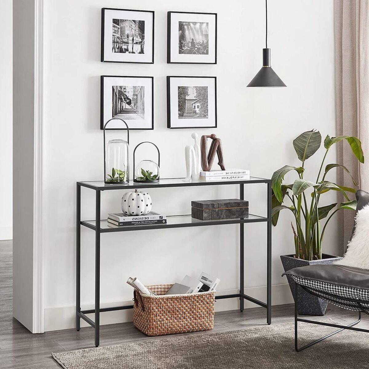 METALLKONSOLE mit 2 Regalen aus gehärtetem Glas 30/90/80 cm - Schwarz, Metall (31/30/80cm) - Calicosy