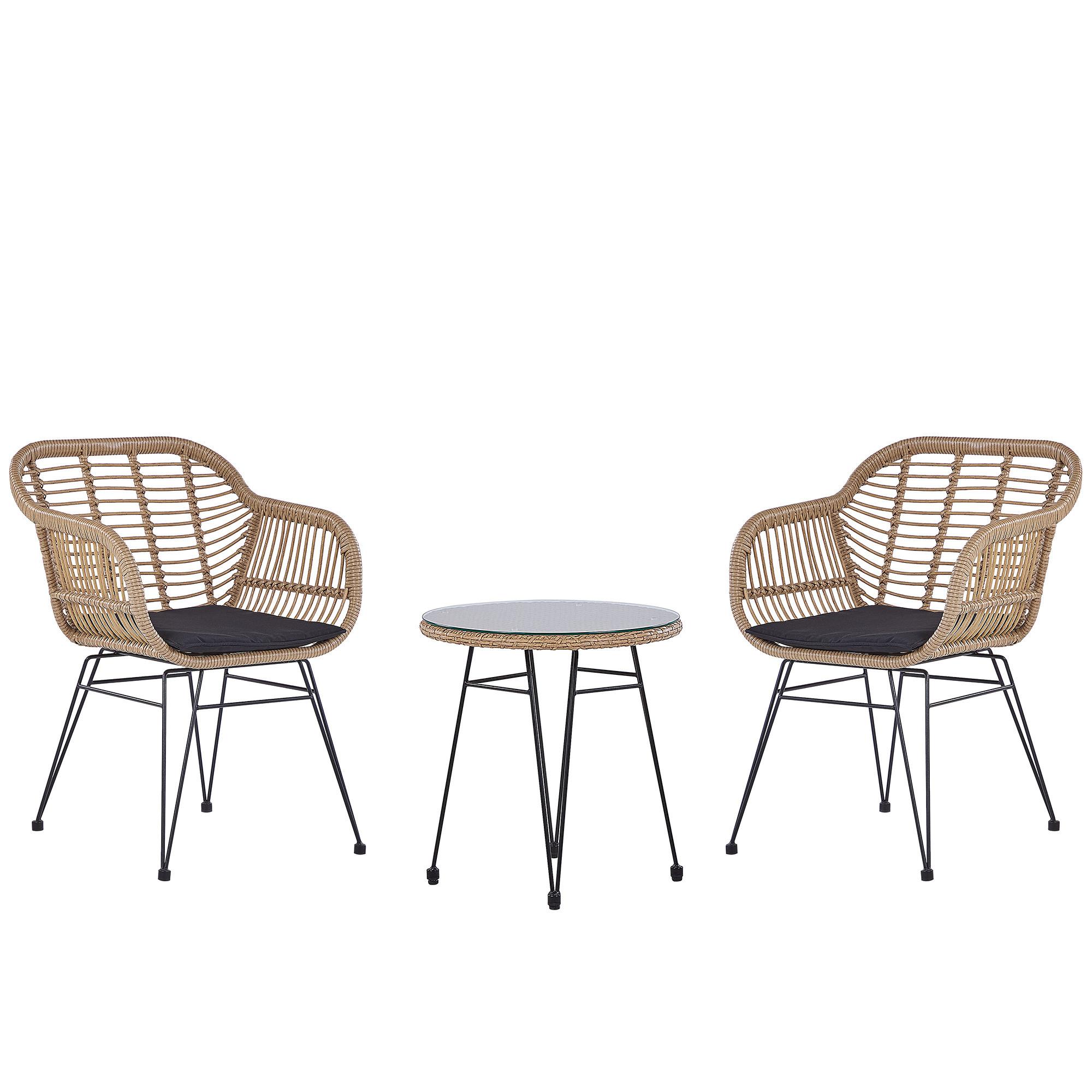 BALKONSET 2-Sitzer Rattan natürlich Auflagen schwarz Tropea II - Beige/Schwarz, Kunststoff - Beliani