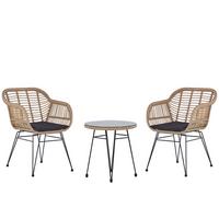 BALKONSET 2-Sitzer Rattan natürlich Auflagen schwarz Tropea II - Beige/Schwarz, Kunststoff - Beliani
