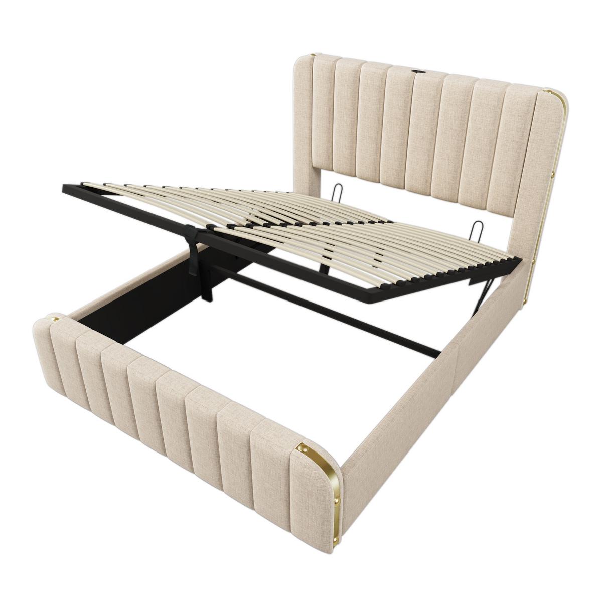 POLSTERBETT 140x190 Leinen Beige mit Gold-Dekor, Stauraum und Ladefunktion - Beige, Textil (140/190cm) - Urban Meuble