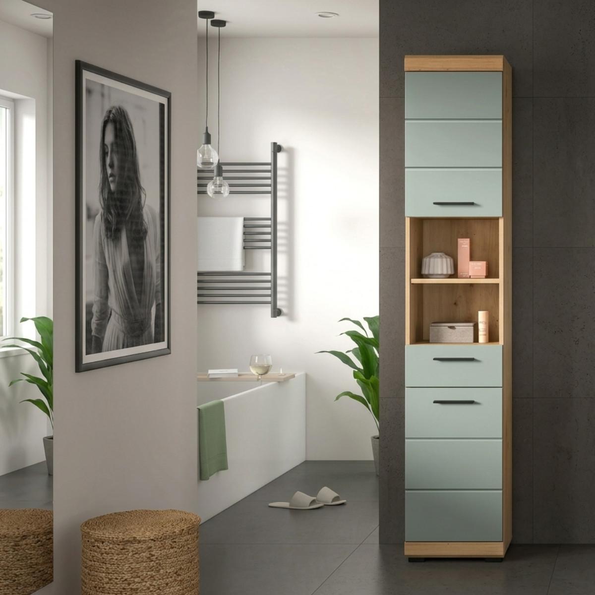BADEZIMMERSCHRANK 2 Türen 1 Schublade 31/191/37 cm - Grün, Holzwerkstoff (31/191/43cm) - Calicosy