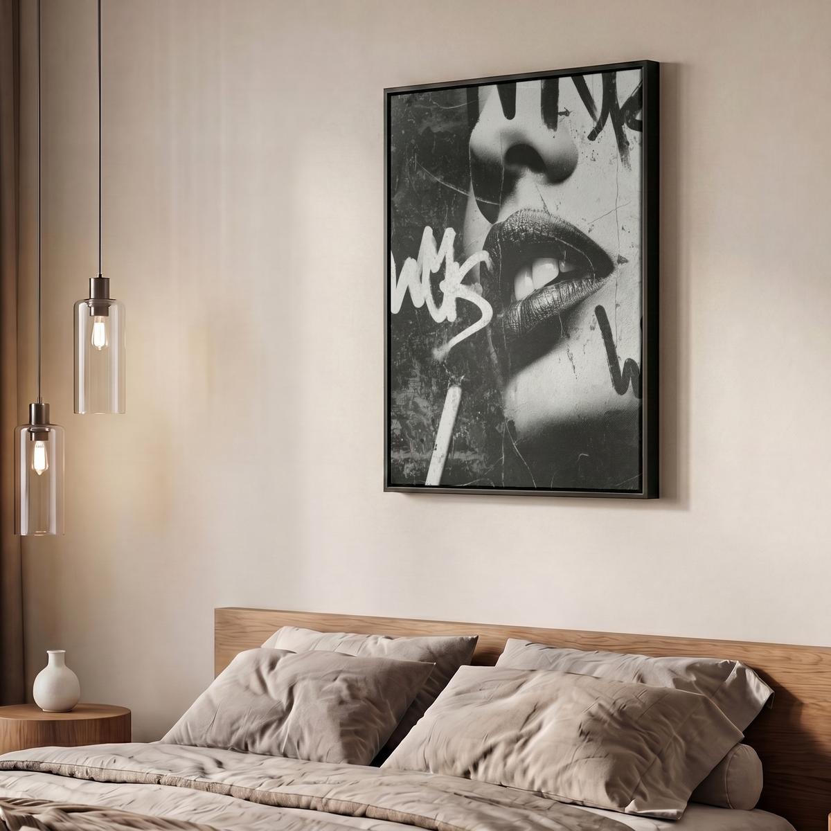 LEINWAND Bilder mit Rahmen - Gesicht - Mund - Graffiti - Schwarz - 60x80 - Schwarz, Textil (60/80cm) - MuchoWow