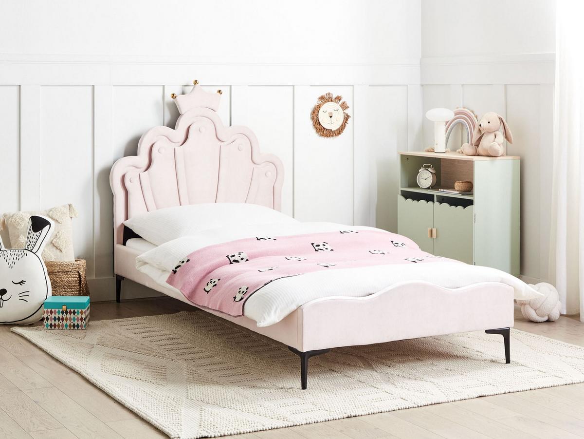KINDERBETT Krone Samtstoff 90/200 cm mit LED-Beleuchtung Rosa Rubian - Pink, Textil (90/200cm) - Beliani