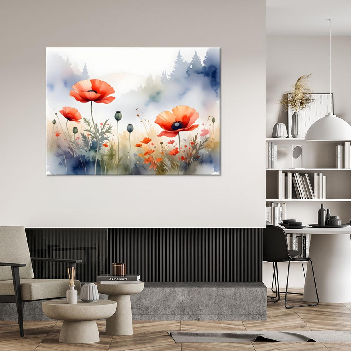 LEINWANDBILDER, Feld Mohnblumen Waldlandschaft Pastell - Multicolor, Textil (90/60cm) - Feeby