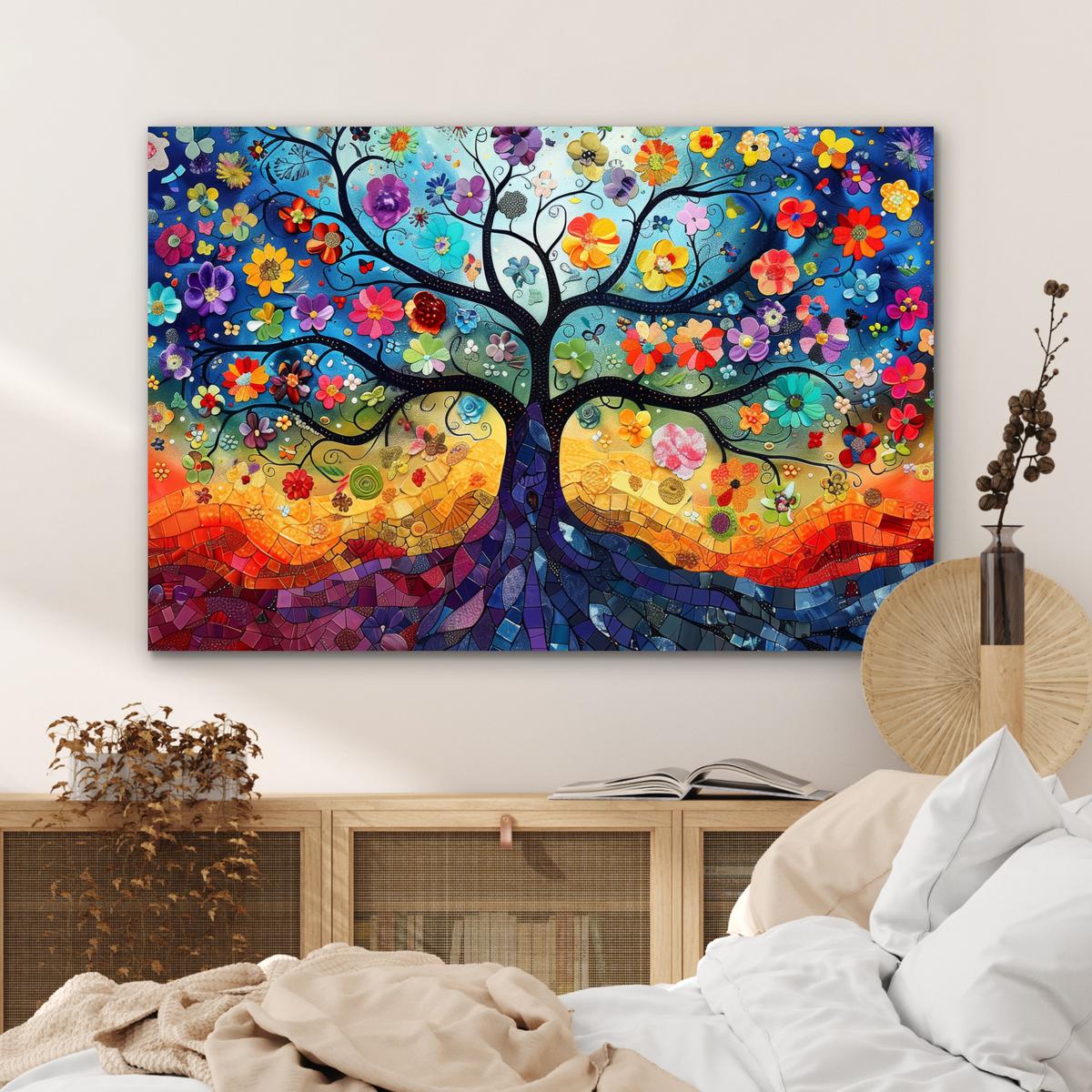METALLBILD Kunst - Baum des Lebens - Blumen - Hippie Deko Groß 120x80 cm - Dunkelblau, Metall (120/80cm) - MuchoWow