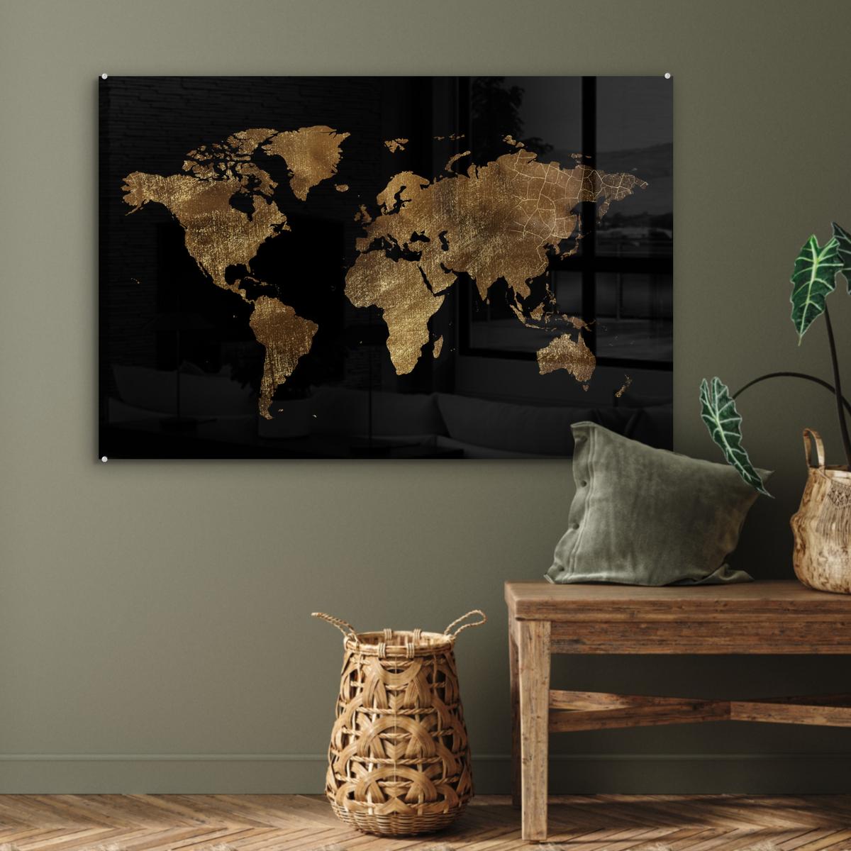 ACRYLGLASBILD Weltkarte - Gold - Luxus - Erde - Schwarz Room Decor 90x60 cm - Goldfarben, Glas (90/60cm) - MuchoWow