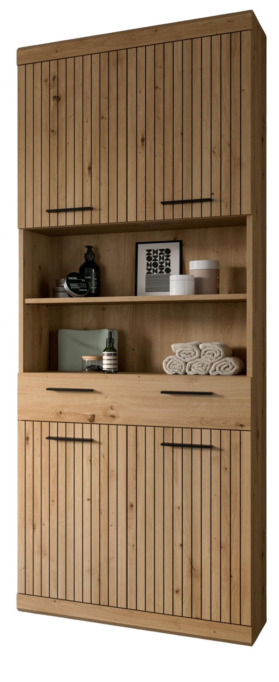 HOCHSCHRANK Eiche Artisan 74 x 191 cm, Badschrank in modernem Design - Schwarz/Eiche Artisan, Holzwerkstoff/Kunststoff (74/191/31cm) - Inn.Furn