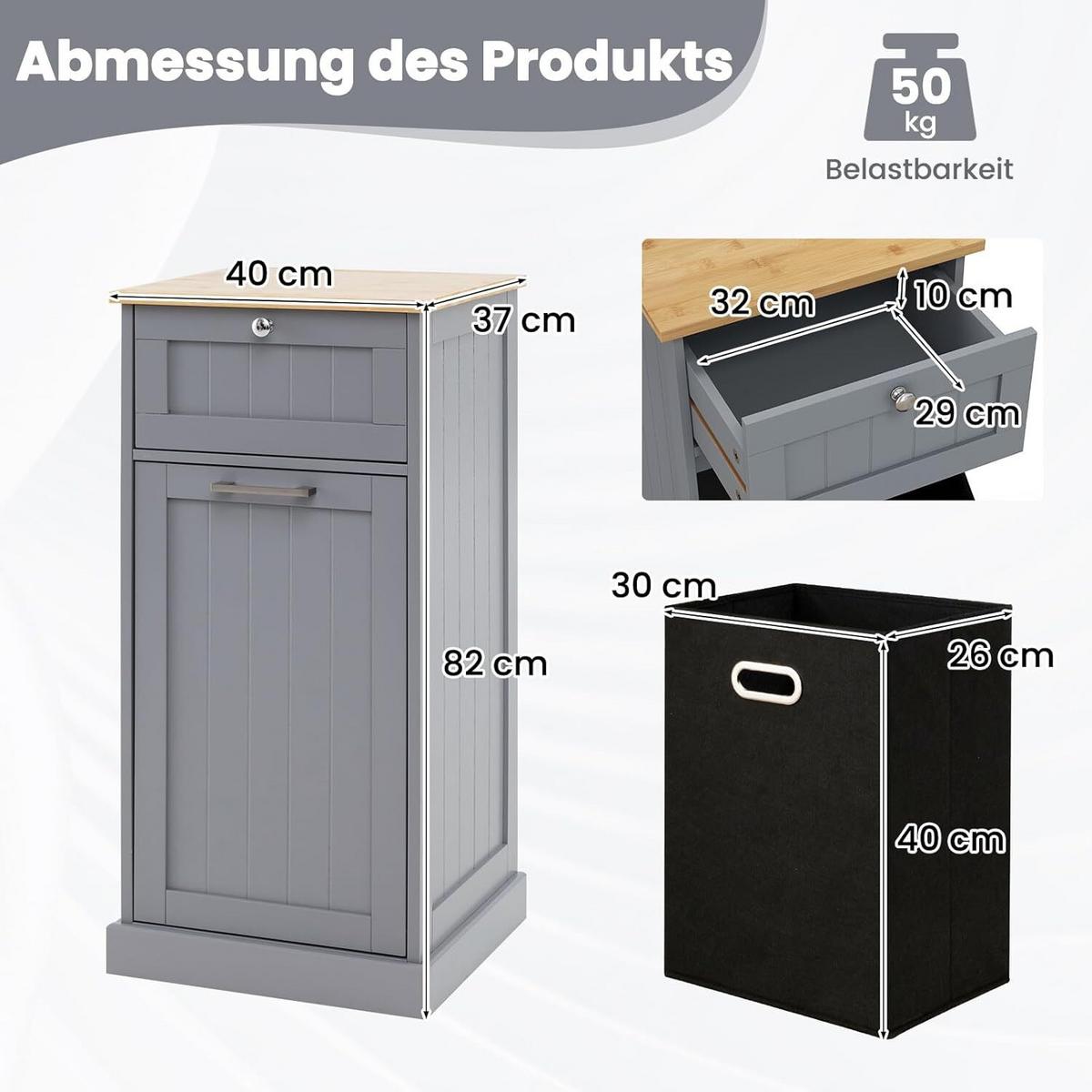 WÄSCHESCHRANK mit Wäschekorb grau - Grau, Holzwerkstoff (40/82/37cm) - COSTWAY