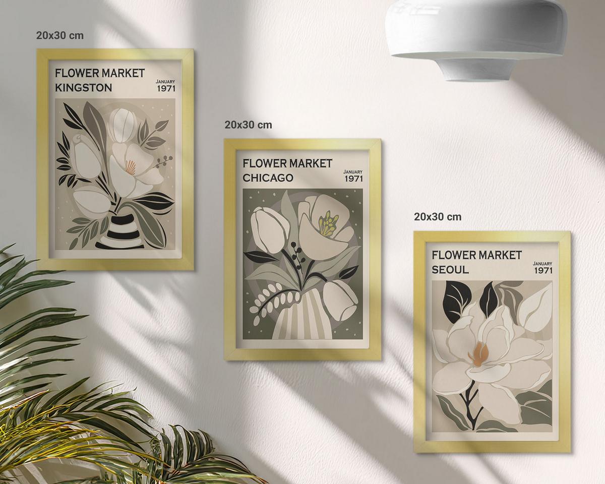 BILDER SET 3er Set - 20x30 cm Goldrahmen - Blumen Kingston Seoul Chicago Retro - Goldfarben, Kunststoff (20/30cm) - TULUP