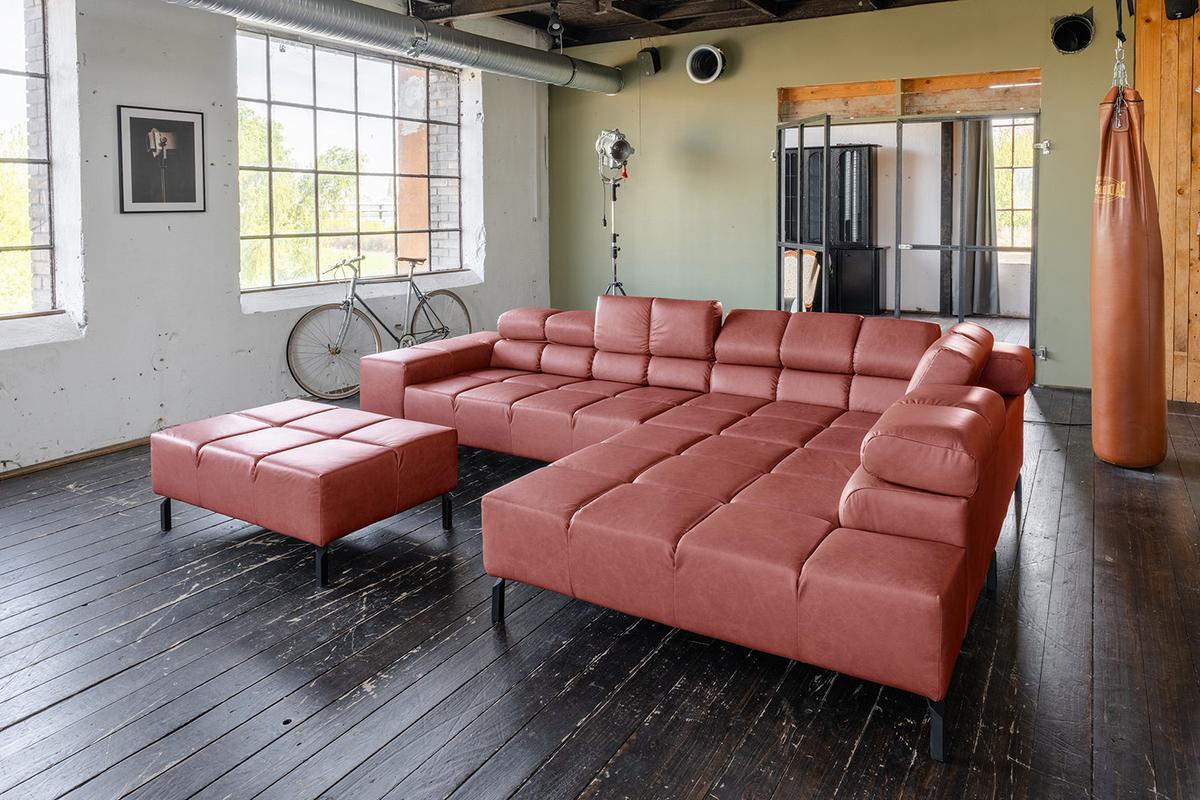 ECKSOFA NELSON Rot Leder - Rot/Schwarz, Leder/Metall (321/216cm) - KAWOLA