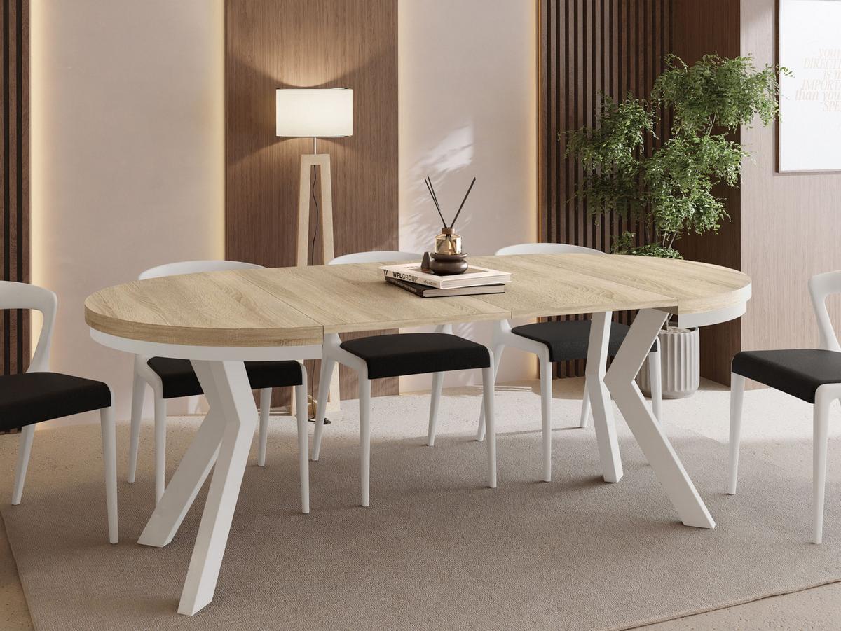 ESSTISCH Savio Weiß Neo rund ausziehbar verlängerbar XXL, Eiche Sonoma Hellbraun 100-300/100/77 cm - Weiß/Sonoma Eiche, Holz/Holzwerkstoff (100/300/77cm) - WFL GROUP