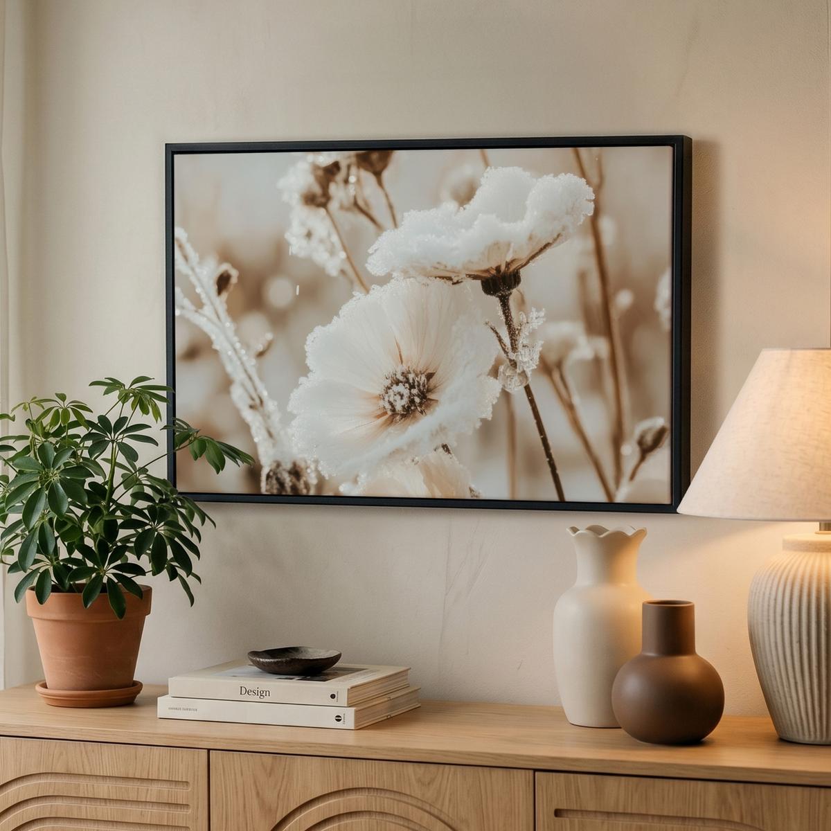 LEINWAND Bilder mit Rahmen - Blumen - Winter - Weiß - Schnee - Beige - 60x40 - Creme, Textil (60/40cm) - MuchoWow