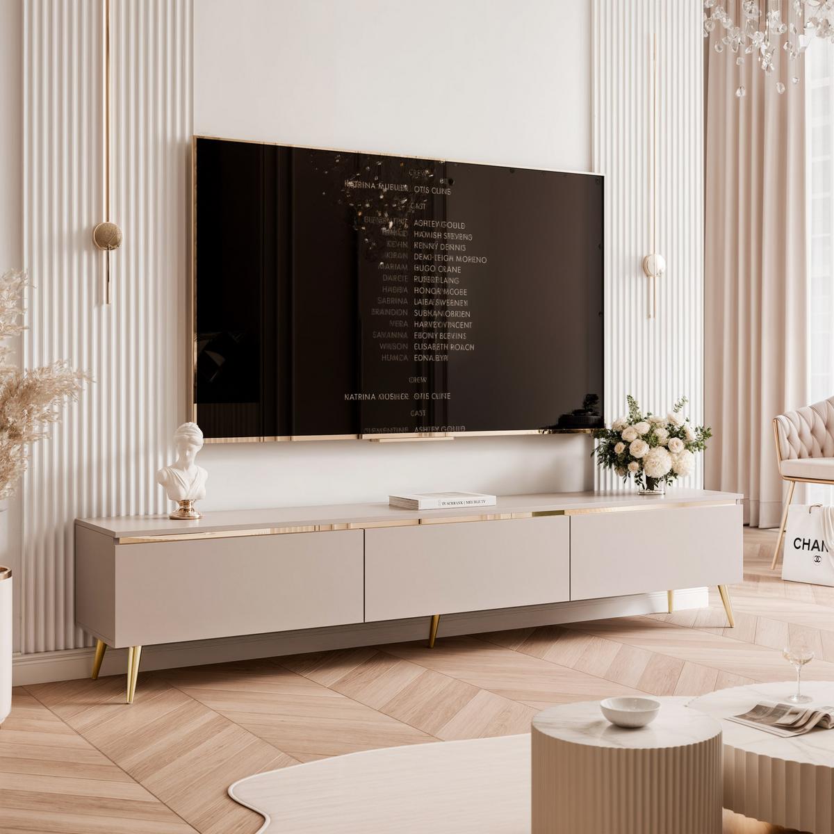 TV-SCHRANK SELIA 200 cm auf Füßen, Kaschmir mit goldener Zierleiste und LED-Beleuchtung - Kaschmir, Holzwerkstoff (200/42/35cm) - Idohome