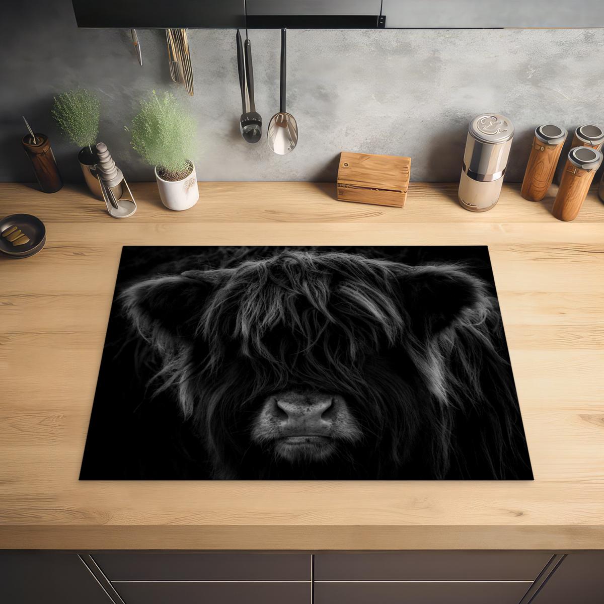 HERDABDECKPLATTE Schottischer Highlander - Kuh - Schwarz - Weiß - Tiere Induktionsmatte 71x52 cm - Schwarz, Kunststoff (71/52/0.2cm) - MuchoWow