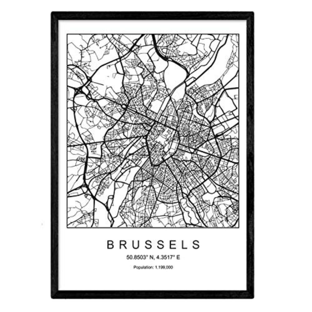 POSTER Brüssel Stadtkarte – Nordisch A3 Schwarzer Rahmen - Schwarz, Papier (29.7/5/42cm) - Nacnic