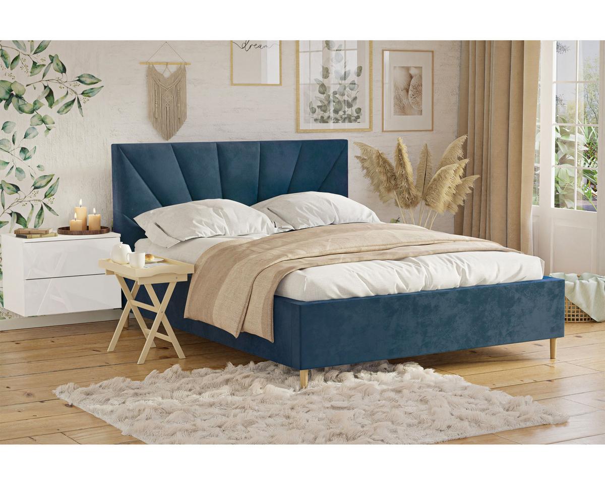 POLSTERBETT AINA 140x200 cm French Velvet 670, 34 Holzlatten, Kopfteil 104 cm - Blau, Textil (140/200cm) - Lookway