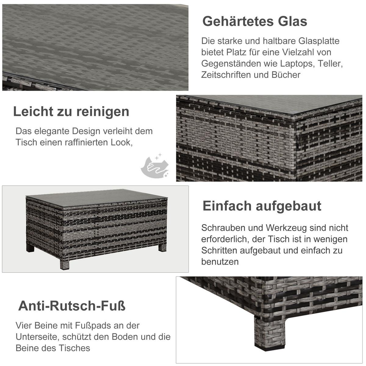 COUCHTISCH Rattan, Metall, Gehärtetes Glas, Grau - Grau, Kunststoff (85/50/39cm) - Outsunny