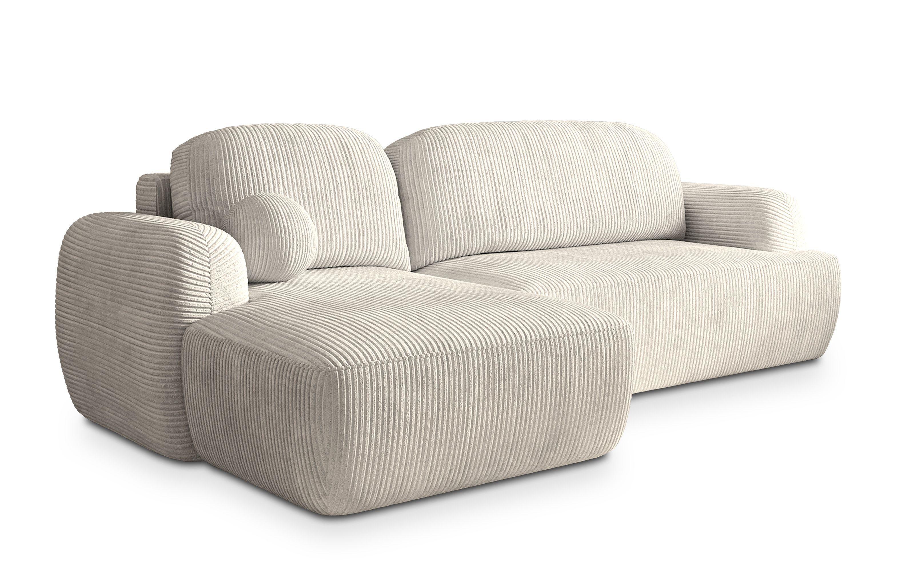 ECKSOFA MODENZA P L-S Creme Kordstoff mit Schlaffunktion - Creme/Schwarz, Holz/Kunststoff (266/148cm) - MASSENO