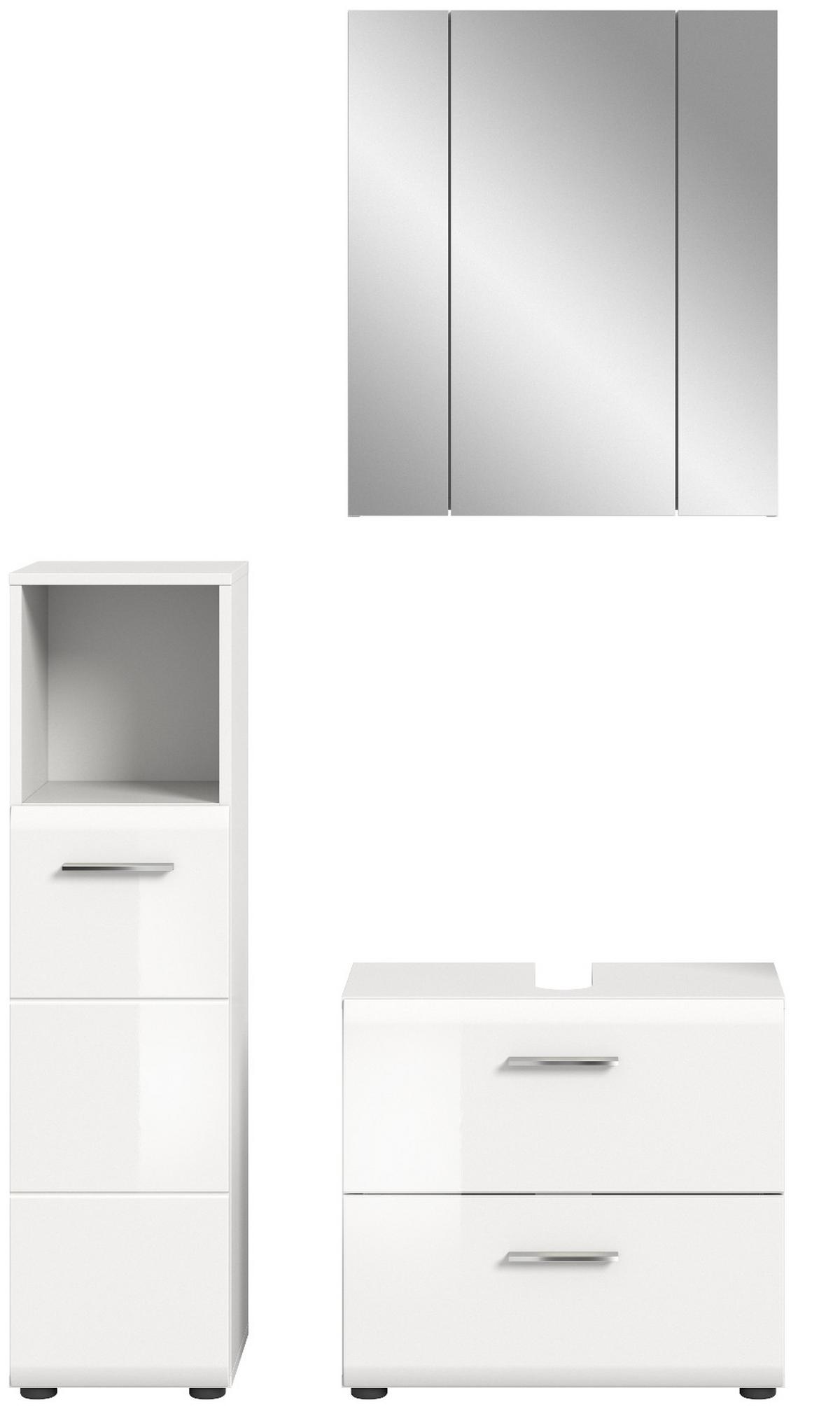 BADMÖBEL-SET 3-teilig weiß Hochglanz, Badkombination mit Spiegelschrank - Weiß Hochglanz/Silberfarben, Glas/Holzwerkstoff (105/185/30cm) - Inn.Furn