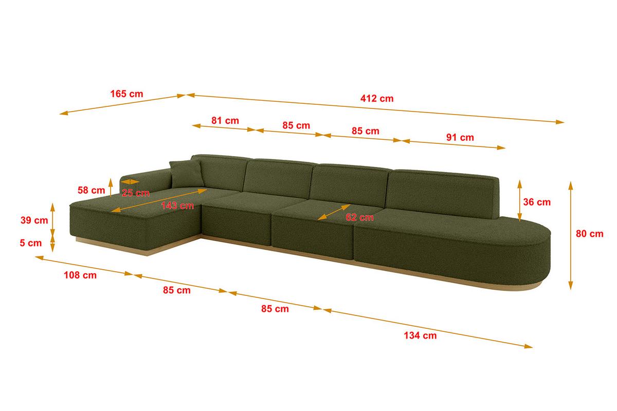 ECKSOFA Ottomane Links IREA-L3-v2 - 412x165x80 cm Grün - Platinfarben, Holzwerkstoff/Textil (412/165cm) - ALTDECOR