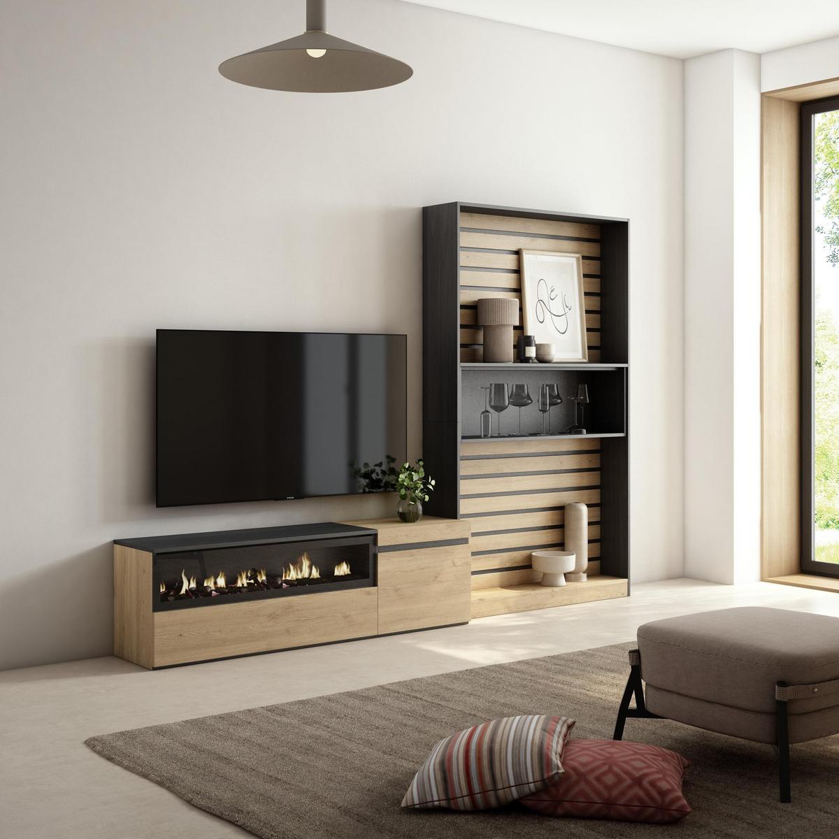 WOHNWAND Elektrokamin, eiche, schwarz, 260/35/186cm - Eichefarben, Holzwerkstoff (260/186/35cm) - Skraut Home