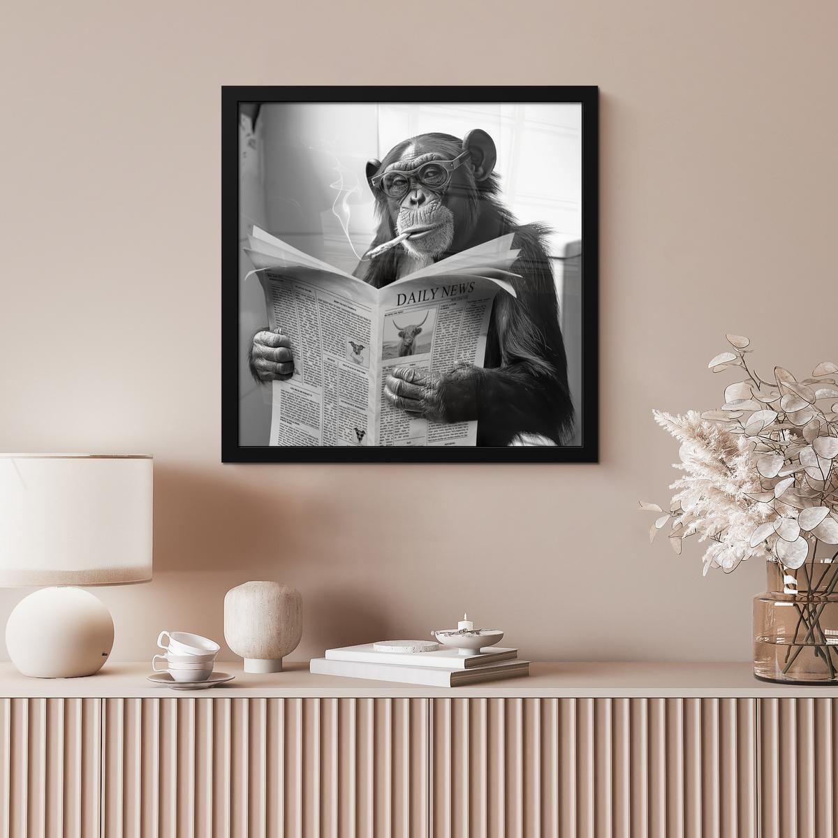 POSTER MIT RAHMENGERAHMTES BILD Affe - WC - Zeitung - Schwarz-Weiß - Humor 40x40 cm - Hellgrau, Papier (40/40cm) - MuchoWow