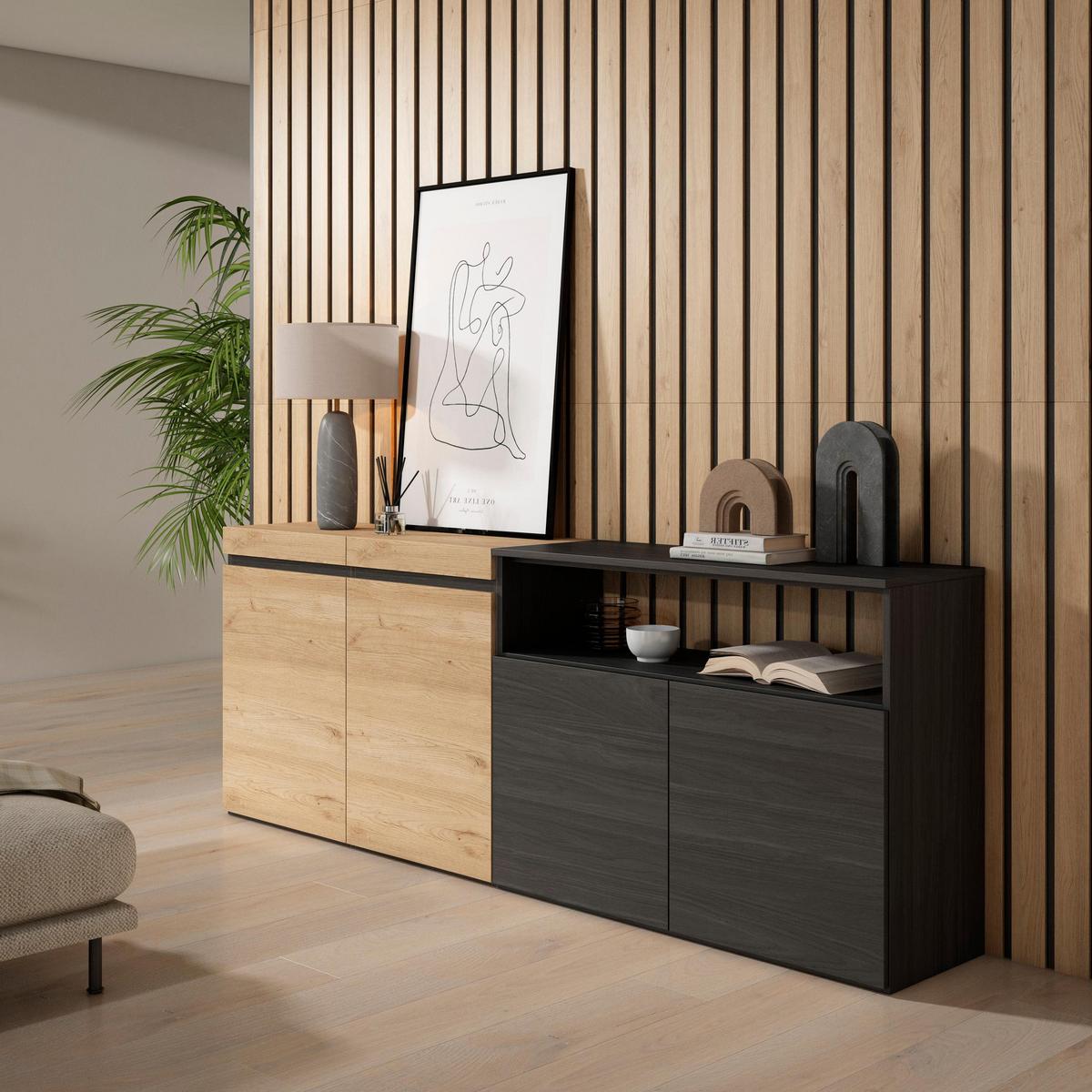 SIDEBOARD eiche, schwarz, 200/35/75cm - Multicolor, Holzwerkstoff (200/75/35cm) - Skraut Home