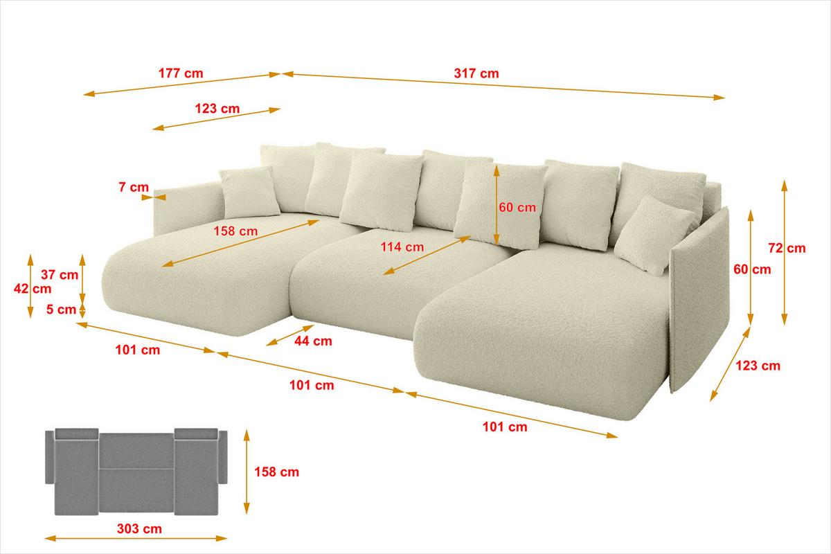 WOHNLANDSCHAFT mit Schlaffunktion und Bettkasten ONESK-U 317x177x72 Beige Bouclé - Hellbraun/Creme, Holzwerkstoff/Kunststoff (317/72/177cm) - ALTDECOR