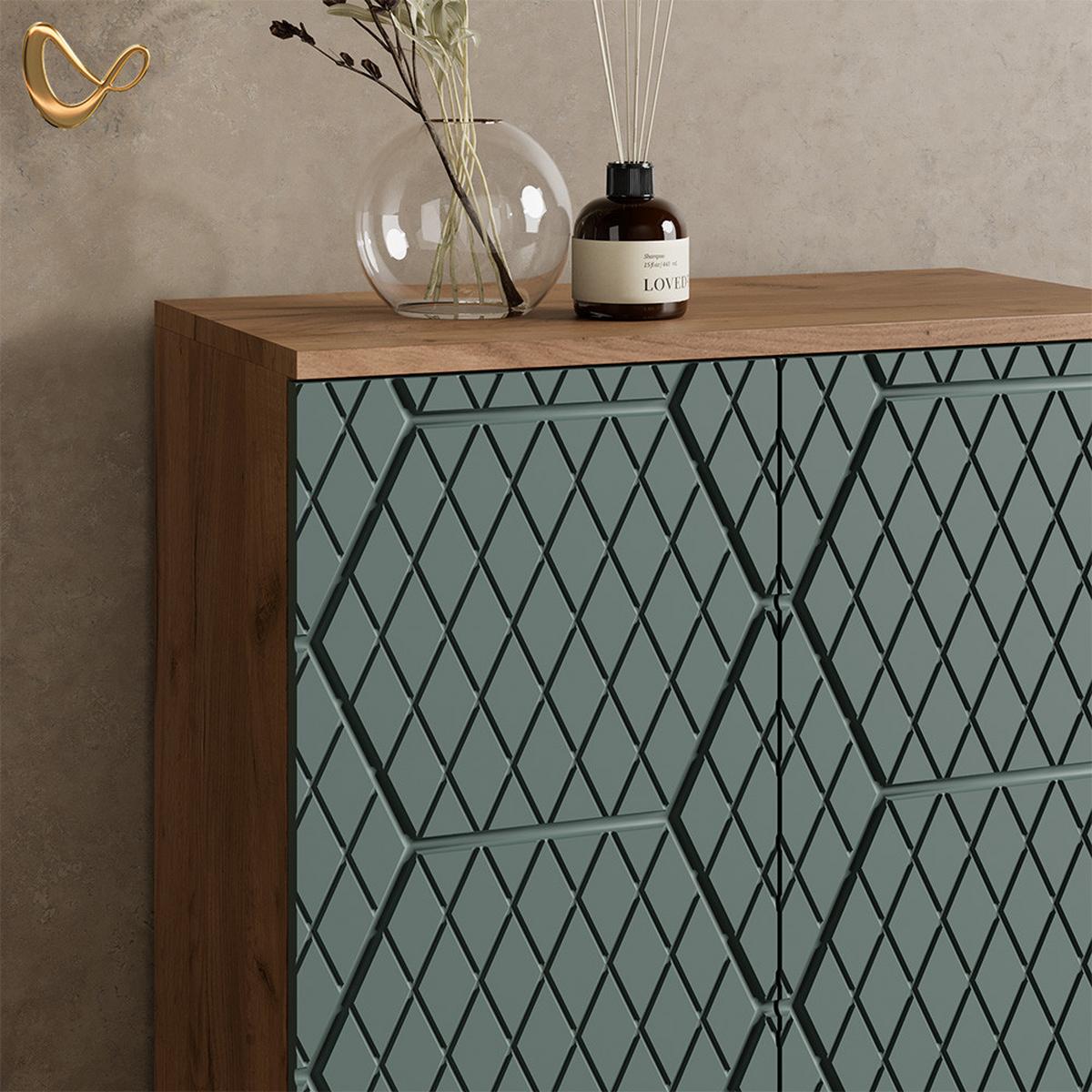 BADMÖBEL-SET Ronco Grün/Goldkraft Eiche 4 Teile, mit Hochschrank und Kommode - Honigeiche/Grün, Holzwerkstoff (60/59/30cm) - Livinity®